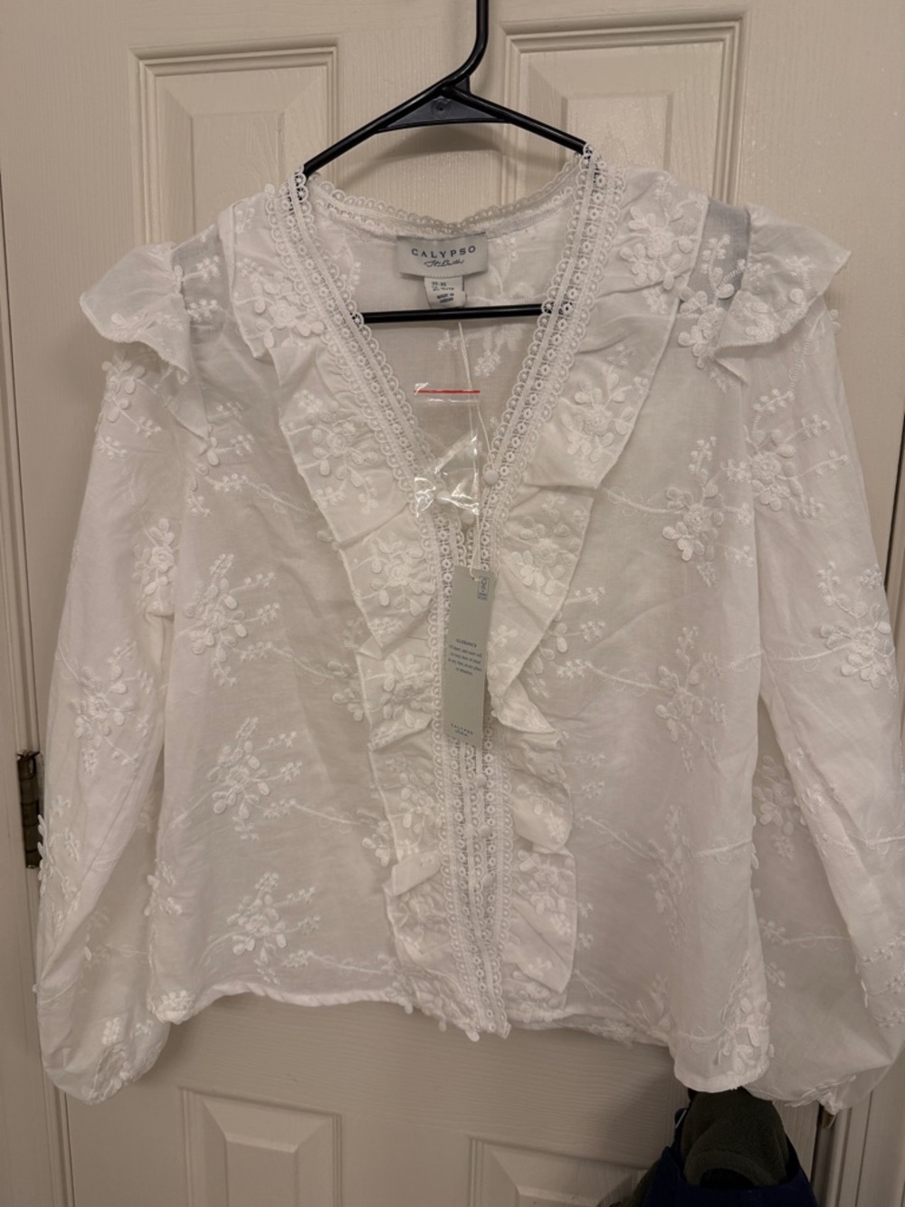 Calypso St. Barth White Embroidered Ruffle Front Blouse